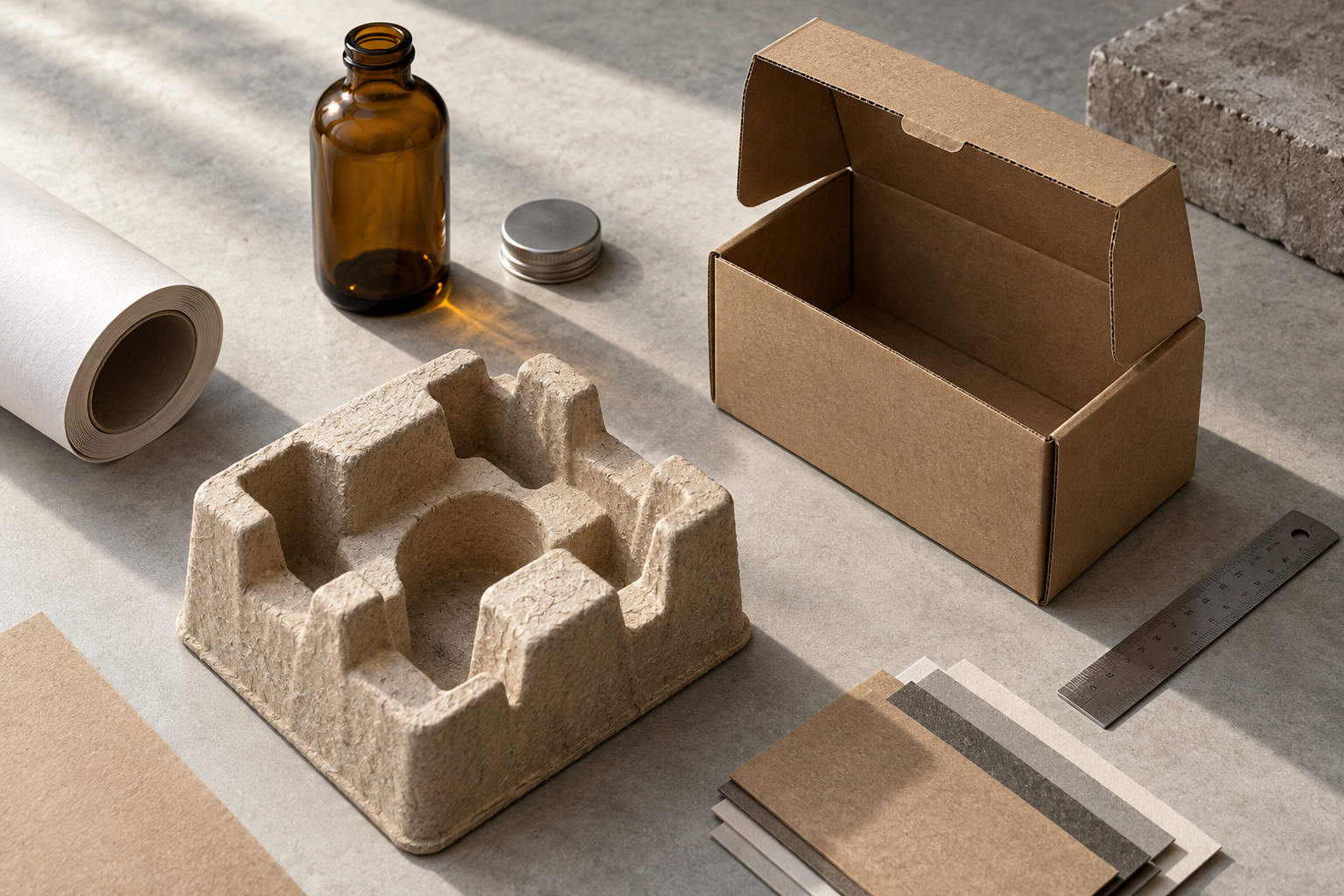 Paperboard, moulded fibre, glass and metal arranged as a material study